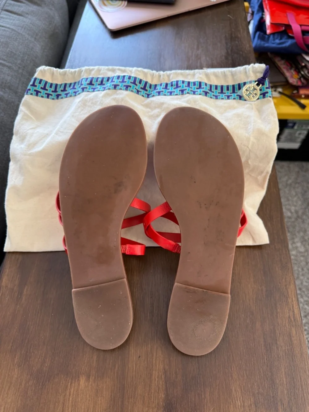 Tory Burch Red Leather Strappy Flat Sandals with Dust Bag Size 9